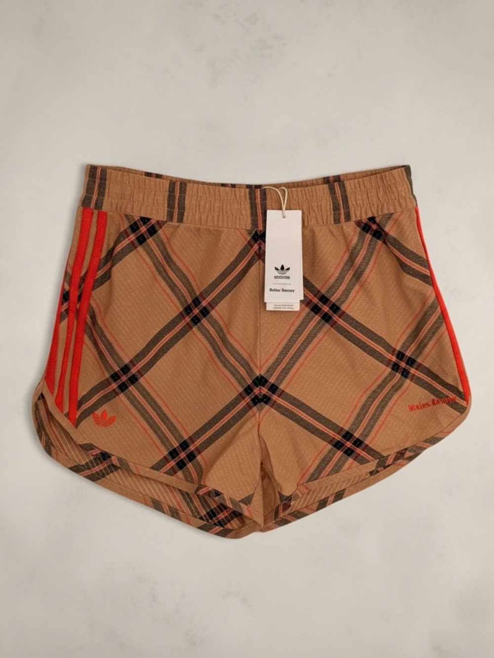 adidas Tan Plaid Bike Shorts with Red Stripes